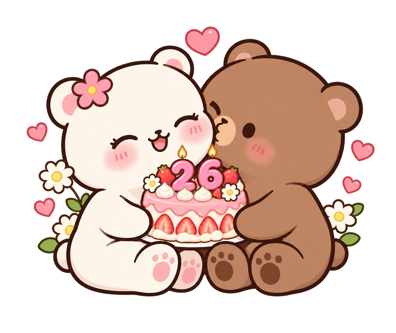 Bubu with a flower behind her ear, cuddling Dudu beside a pink birthday cake